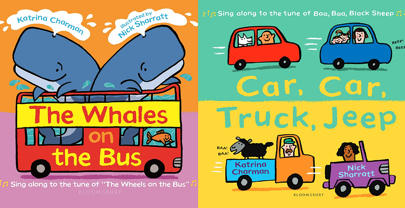 Front covers of "The Whales on the Bus" and "Car, Car, Truck, Jeep" by Katrina Charman and Nick Sharratt